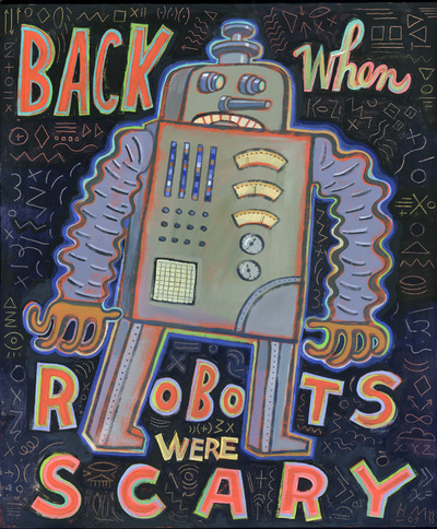 Humorous robot print Back When Robots Were Scaryby greater Boston artist Hal Mayforth